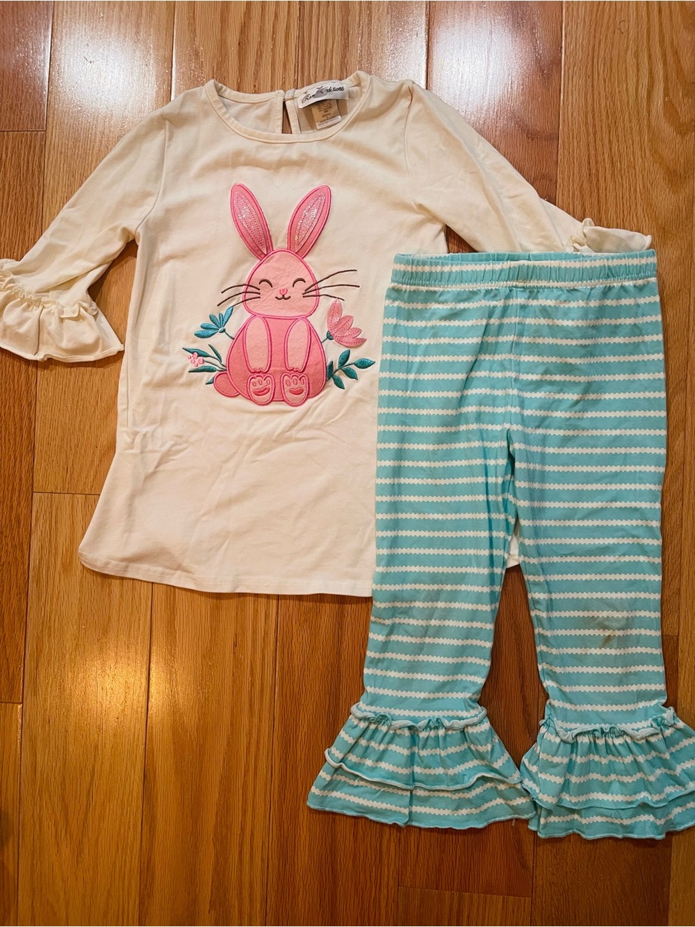 Rare Editions Cream Top with Pink Bunny & Aqua Stripe Ruffle Pants